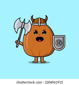 Cute cartoon character Almond nut viking pirate with hat and holding ax and shield