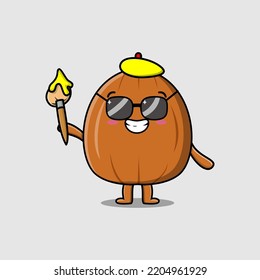 Cute cartoon character Almond nut painter with hat and a brush to draw