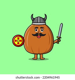 Cute cartoon character Almond nut viking pirate with hat and holding sword and shield
