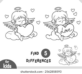 Cute cartoon character Angel with big heart. Find differences black and white educational game for children. 