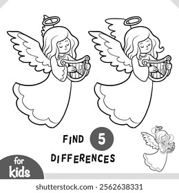 Cute cartoon character Angel with harp. Find differences black and white educational game for children