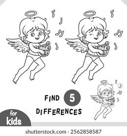 Cute cartoon character Angel with harp. Find differences black and white educational game for children. 