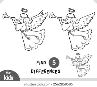 Cute cartoon character Angel with trumpet. Find differences black and white educational game for children. 