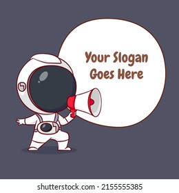 Cute cartoon character of Astronaut holding megaphone with bubble text. Hand drawn chibi character isolated background.