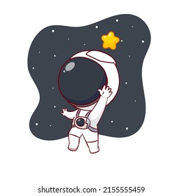 Cute cartoon character of Astronaut reaching out the star. Hand drawn chibi character isolated background.