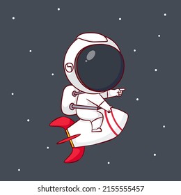 Cute cartoon character of Astronaut riding rocket. Hand drawn chibi character isolated background.