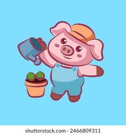 Das süße Cartoon Charakter Astronout Schwein gießt die Blumen, tierische Elemente, Clipart und Aufkleber