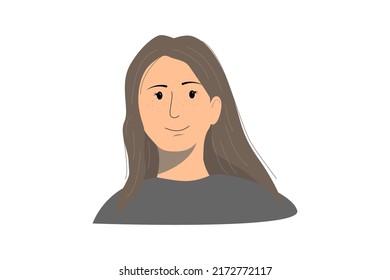 Un bonito avatar de un personaje de caricatura de una joven. Diseño de imagen vectorial moderno aislado en fondo blanco. Ilustración vectorial plana de la cara de una mujer de cabello marrón. Vatar de chica sonriente aislada. Icono 