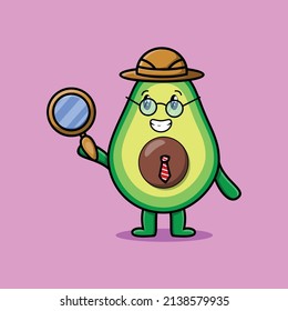 Cute cartoon character Avocado detective is searching with magnifying glass and cute style design