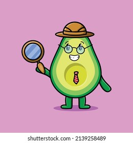 Cute cartoon character Avocado detective is searching with magnifying glass and cute style design