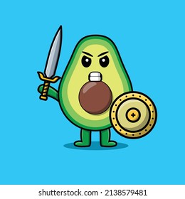 Cute cartoon character Avocado holding sword and shield in modern style design