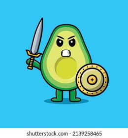 Cute cartoon character Avocado holding sword and shield in modern style design