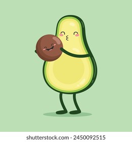 Cute cartoon character Avocado kissing the baby. Flat style. Vector illustration