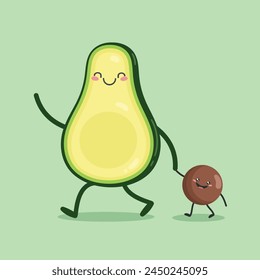 Cute cartoon character Avocado lead the baby seed by the hand. Flat style. Vector illustration