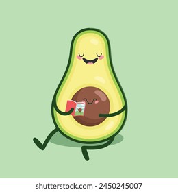 Cute cartoon character Avocado reading a book to the baby seed. Flat style. Vector illustration
