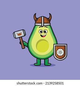 Cute cartoon character Avocado viking pirate with hat and holding hammer and shield in cute style