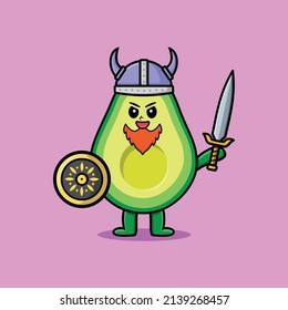 Cute cartoon character Avocado viking pirate with hat and holding sword and shield in cute modern