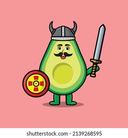 Cute cartoon character Avocado viking pirate with hat and holding sword and shield in cute modern