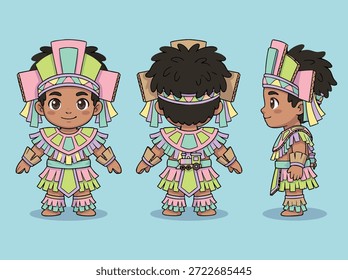 Um bonitinho personagem de desenho animado de um guerreiro asteca mostrado de frente, de trás e de vista lateral.