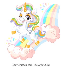 Cute cartoon character baby unicorn on a rainbow. Vector illustration isolated on white background. Happy magic unicorn. For print, design, poster, sticker, card, decoration,t shirt,kids clothes