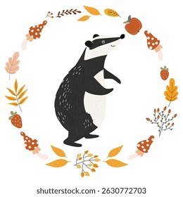 Cute cartoon character badger stands in a round frame of autumn leaves, wild berries and mushrooms