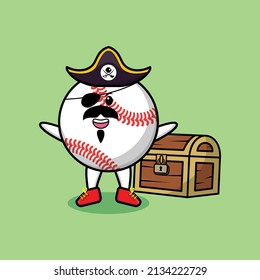 Cute cartoon character Baseball ball pirate with treasure box in modern style design