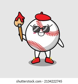 Personaje de dibujos animados de béisbol pintor con sombrero y pincel para dibujar