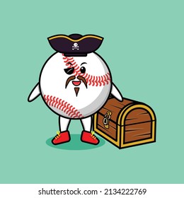 Cute cartoon character Baseball ball pirate with treasure box in modern style design