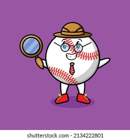 Cute Cartoon-Charakter Baseball Ball Detektiv sucht mit Lupe-Glas und süß-Stil Design