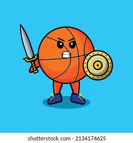 Cute cartoon character Basketball holding sword and shield