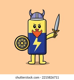 Cute Cartoon Character Battery Viking Pirate With Hat And Holding Sword And Shield