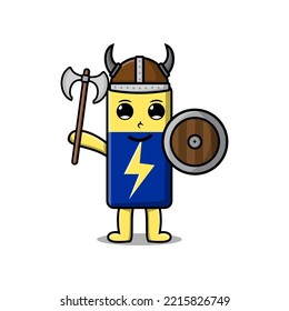 Cute Cartoon Character Battery Viking Pirate With Hat And Holding Ax And Shield