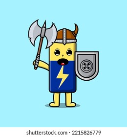 Cute Cartoon Character Battery Viking Pirate With Hat And Holding Ax And Shield