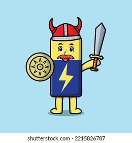 Cute Cartoon Character Battery Viking Pirate With Hat And Holding Sword And Shield