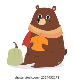 Cute cartoon character bear with pumpkin in scarf. Amusing character. Autumn illustration. Autumn season. Vector cartoon isolated illustration for posters, banners, website