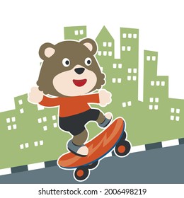Cute cartoon character bear skater. Vector print with cute bear on a skateboard. Can be used for t-shirt print, kids wear fashion design, fabric textile, nursery wallpaper and other decoration.