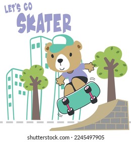 Cute cartoon character bear skater. Vector print with cute lion on a skateboard. Can be used for t-shirt print, kids wear fashion design, fabric textile, nursery wallpaper and other decoration.