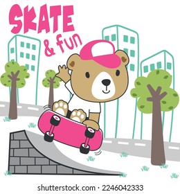 Cute cartoon character bear skater. Vector print with cute lion on a skateboard. Can be used for t-shirt print, kids wear fashion design, fabric textile, nursery wallpaper and other decoration.