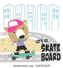 Cute cartoon character bear skater. Vector print with cute lion on a skateboard. Can be used for t-shirt print, kids wear fashion design, fabric textile, nursery wallpaper and other decoration.