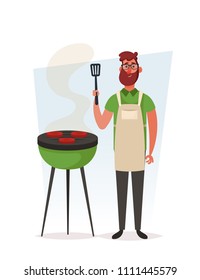 Cute Cartoon Character. Bearded Man Cooking Meat on Grill. Vector Illustration