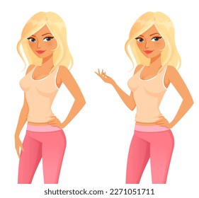 lindo personaje de caricatura de una hermosa mujer rubia con ropa de fitness, un tanque beige y leggings rosas, listos para hacer ejercicio en el gimnasio. Estilo de vida saludable o concepto deportivo. Archivo de vectores.