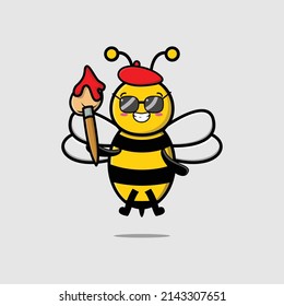 Cute cartoon character Bee painter with hat and a brush to draw in cute design style design