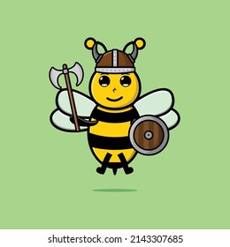 Cute cartoon character Bee viking pirate with hat and holding ax and shield in modern design