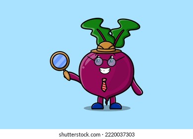 Cute cartoon character Beetroot detective is searching with magnifying glass
