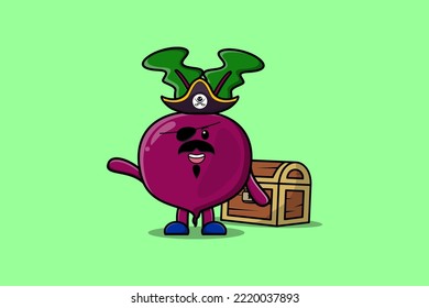 Cute cartoon character Beetroot pirate with treasure box illustration in modern style design