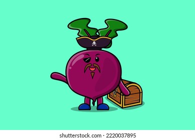 Cute cartoon character Beetroot pirate with treasure box illustration in modern style design