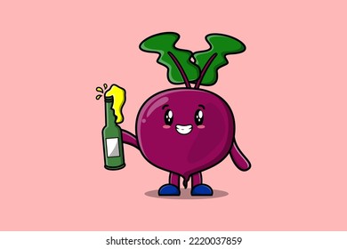 Personaje de dibujos animados lindo Beet con botella de soda en diseño moderno de estilo lindo ilustración plana