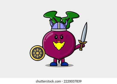 Cute cartoon character Beetroot viking pirate with hat and holding sword and shield illustration