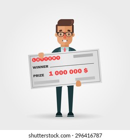 Cute Cartoon Character with a Big Check for One Million Dollars