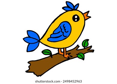 Cute Cartoon Character Bird Perched on a Twig